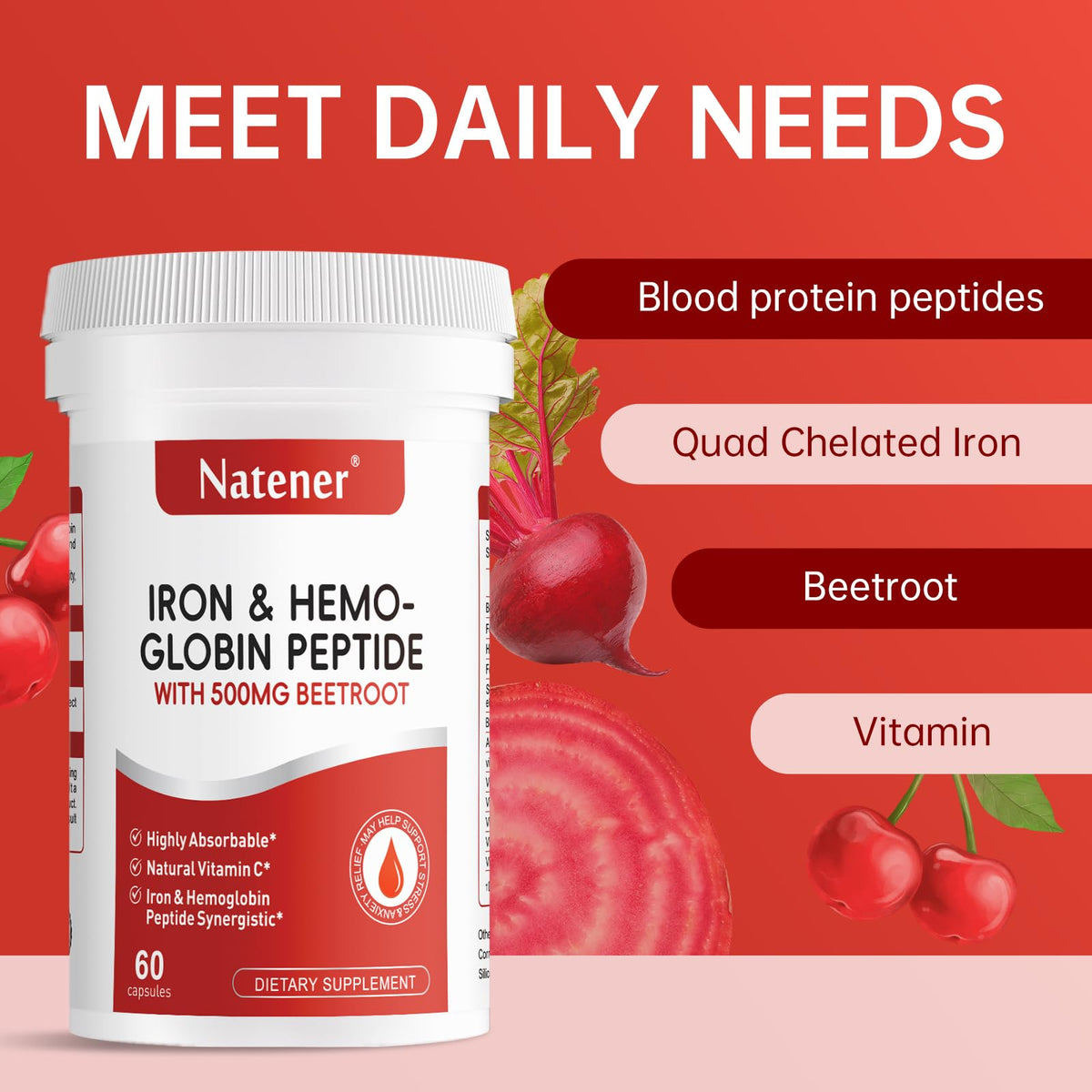 Natener Complément Alimentaire Fer 36mg avec Betterave 500mg, étiquette détaillée