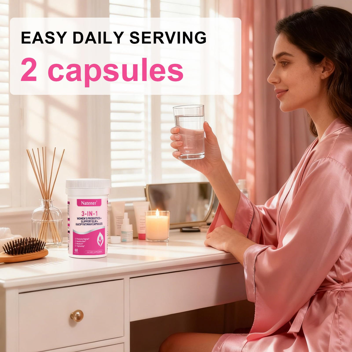 Natener Probiotiques Vaginal 3 en 1 - capsules sur un fond neutre