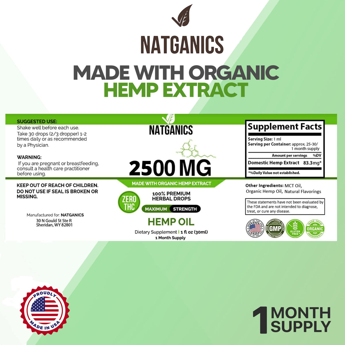 Natganics Huile de Chanvre 2500mg flacon arrière avec informations nutritionnelles