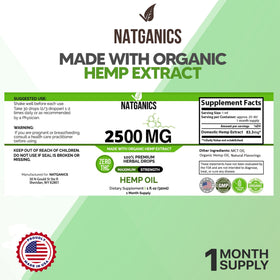 Natganics Huile de Chanvre 2500mg flacon arrière avec informations nutritionnelles
