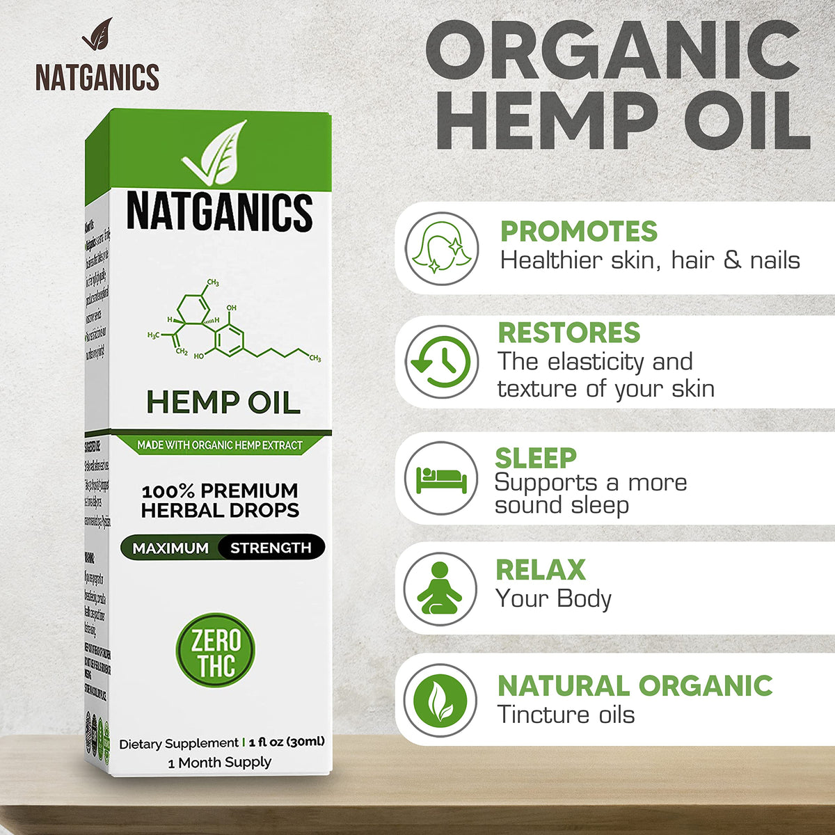 Natganics Huile de Chanvre 2500mg flacon sur fond naturel