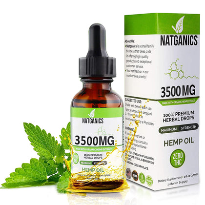 Natganics Huile de Chanvre 3500 mg devant une texture d'huile