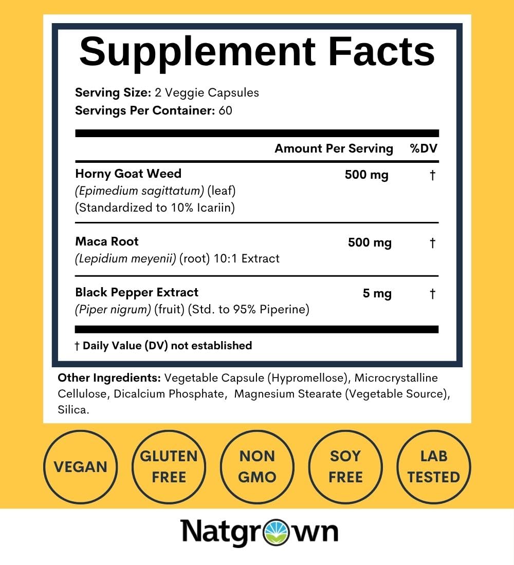 Natgrown Complément Alimentaire Maca et Epimedium 120 Capsules étiquette et contenu