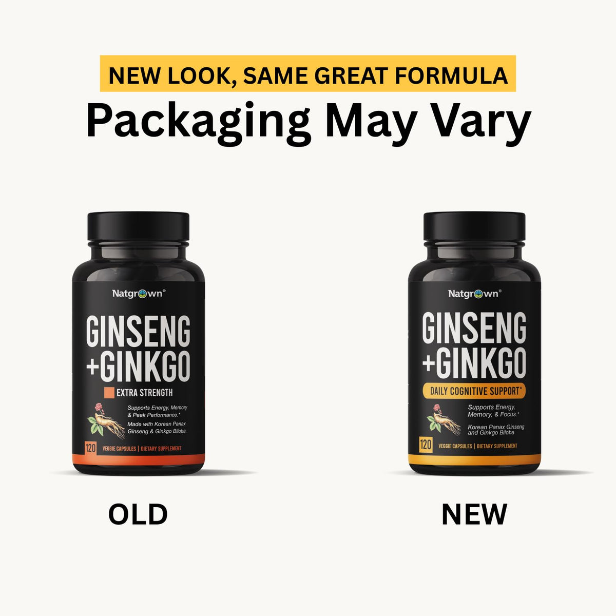 Natgrown Ginseng & Ginkgo Biloba capsules avec des herbes en arrière-plan