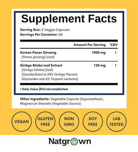 Natgrown Ginseng & Ginkgo Biloba capsules en gros plan