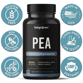 Natgrown Palmitoylethanolamide 600 mg, boîte ouverte montrant les capsules