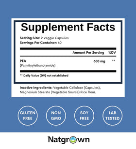 Natgrown Palmitoylethanolamide 600 mg, capsules dans une main