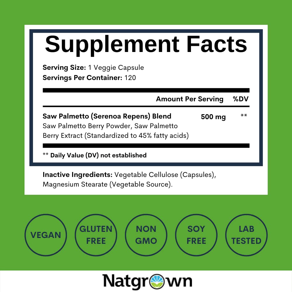 Natgrown Saw Palmetto 500 mg capsules avec verre d'eau