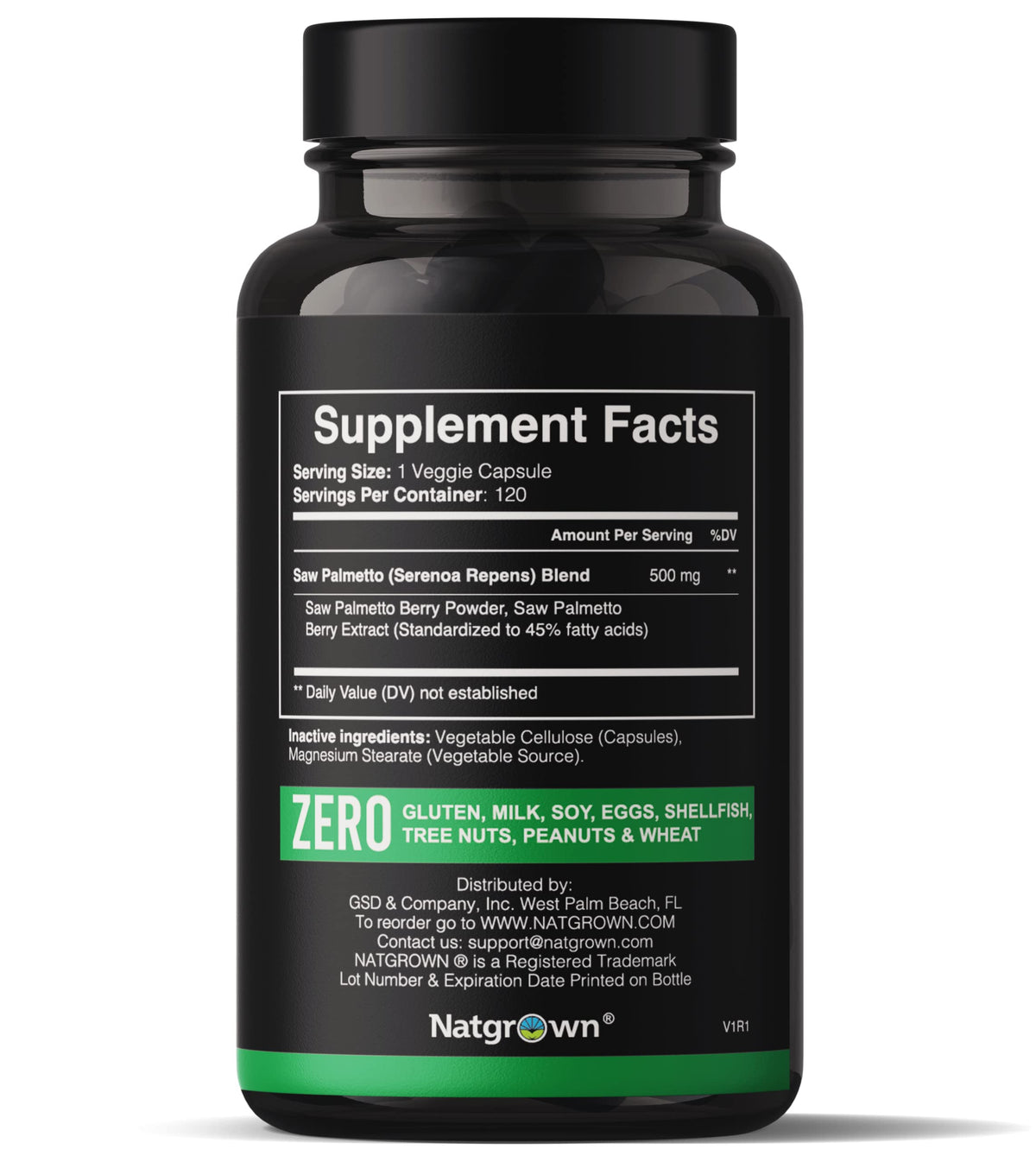 Natgrown Saw Palmetto 500 mg capsules sur une surface blanche