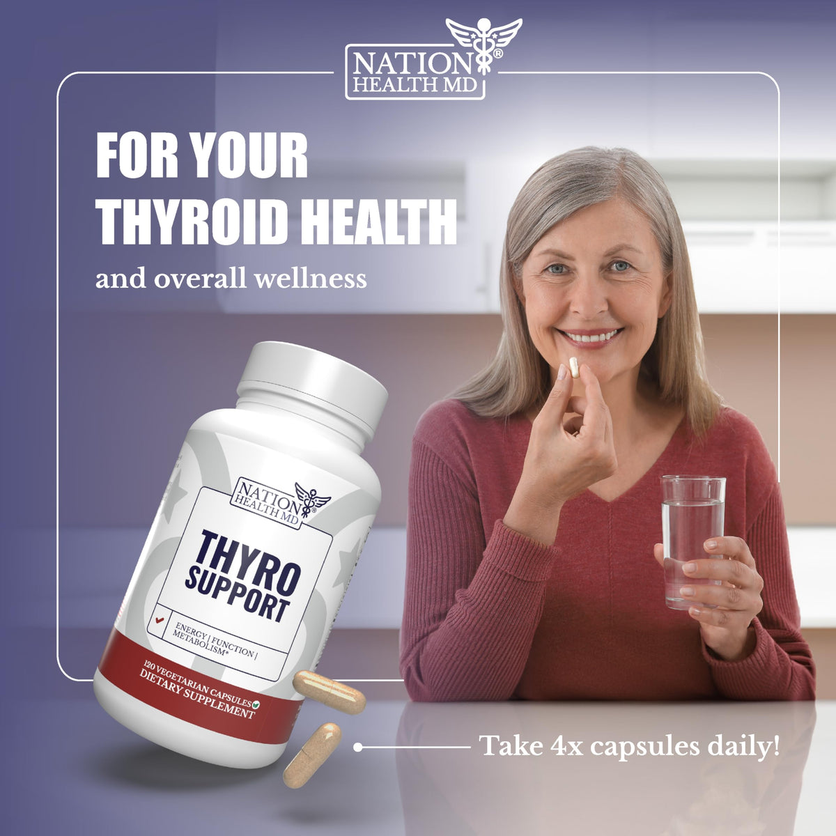 NATION HEALTH MD Thyro Support 120 capsules sur fond blanc