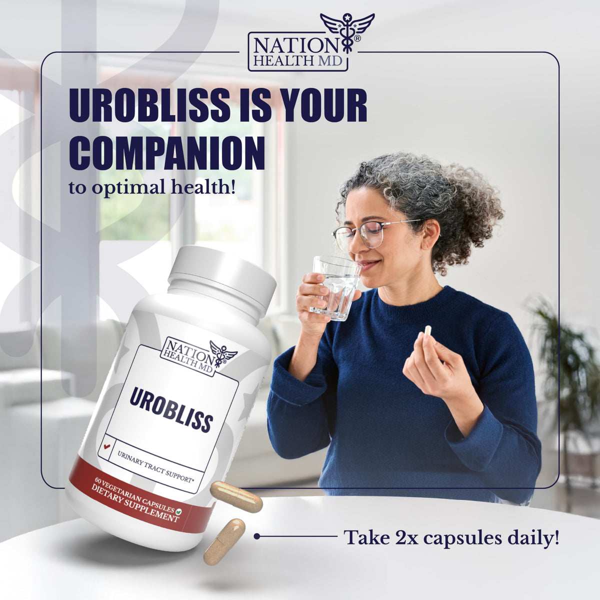 NATION HEALTH MD UroBliss capsules à côté d'un verre d'eau