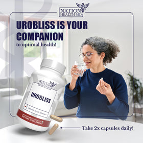NATION HEALTH MD UroBliss capsules à côté d'un verre d'eau