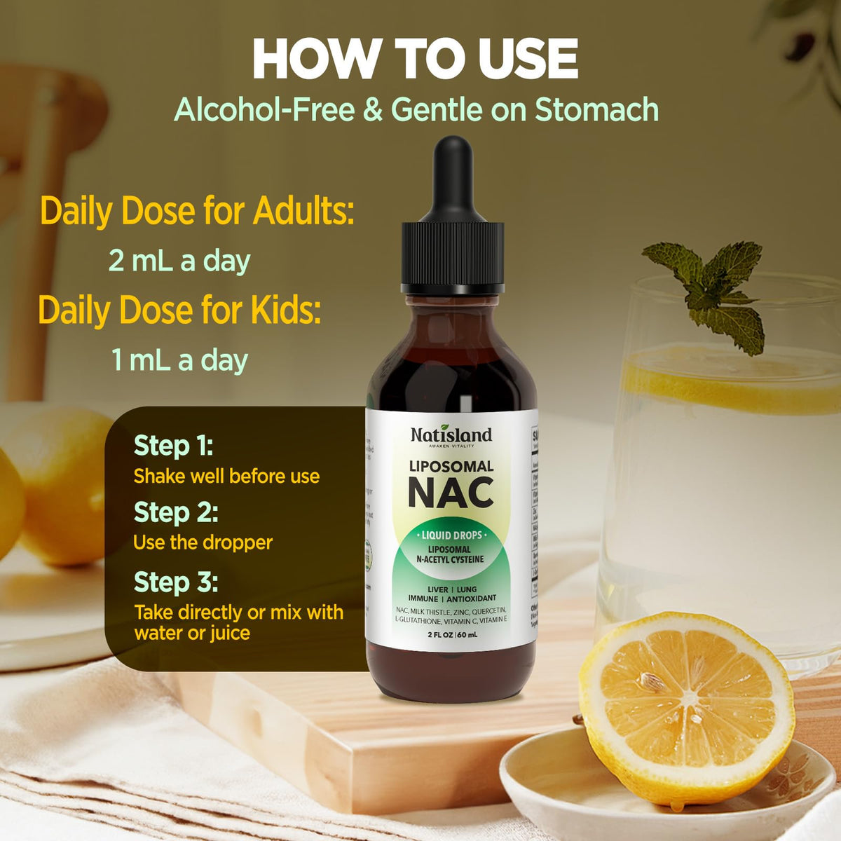NATISLAND Gouttes de NAC Liposomales 600 mg avec un verre d'eau