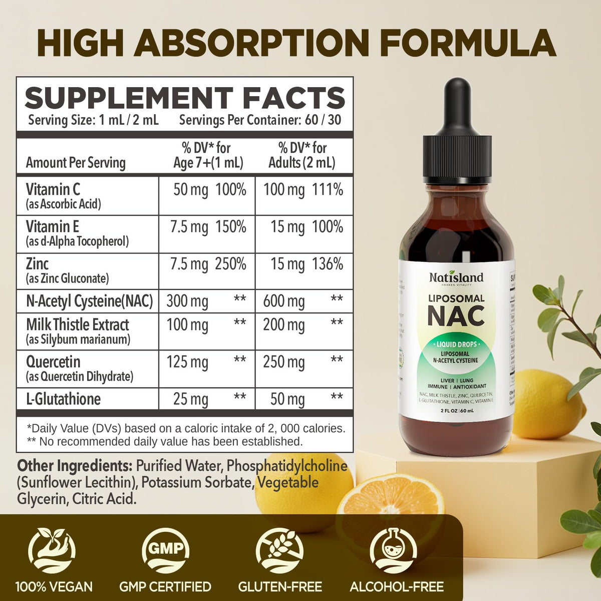 NATISLAND Gouttes de NAC Liposomales 600 mg flacon sur une table