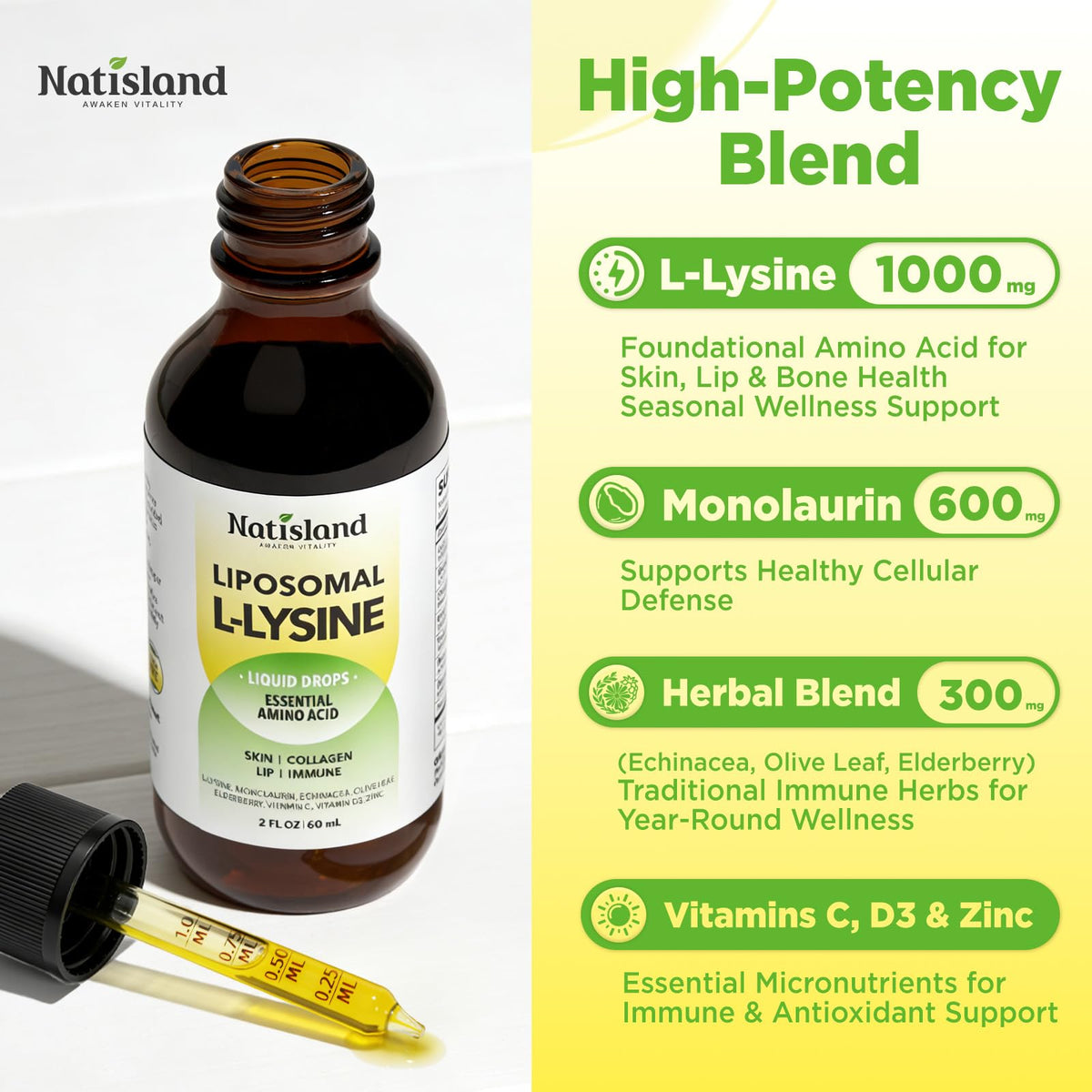 NATISLAND Gouttes L-Lysine Monolaurine 1000mg dosage de 2 ml