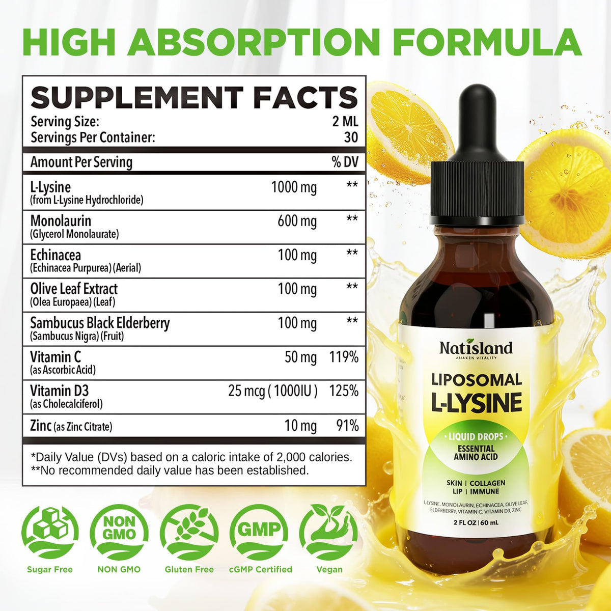 NATISLAND Gouttes L-Lysine Monolaurine 1000mg étiquette détaillée