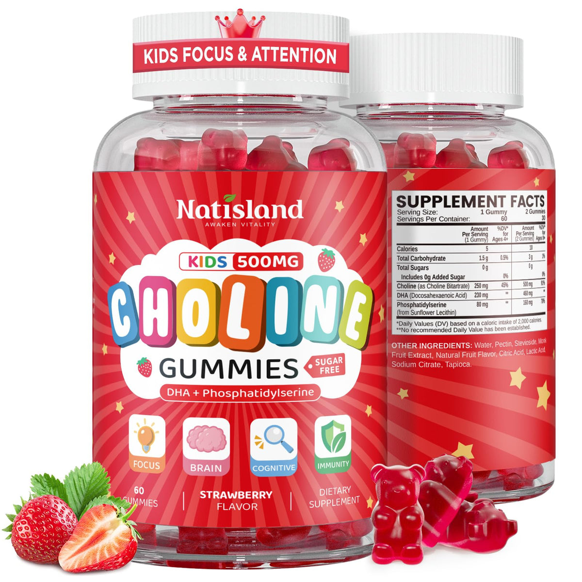 NATISLAND Gummies de Choline 500mg saveur fraise vue de face