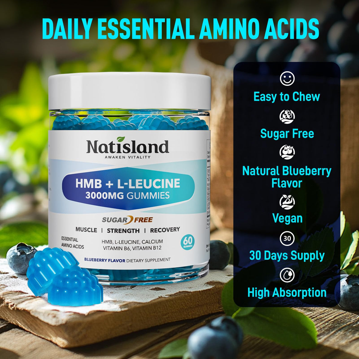 NATISLAND Gummies HMB et L-Leucine, présentation des gummies sur une assiette