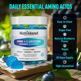 NATISLAND Gummies HMB et L-Leucine, présentation des gummies sur une assiette