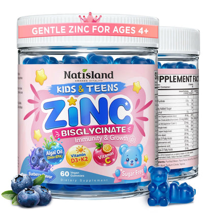 NATISLAND Zinc Bisglycinate Gummies pour enfants, 60 gummies en pot