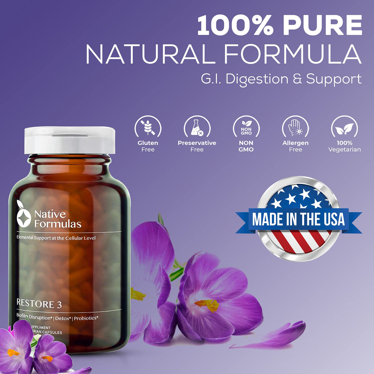 Native Formulas Restore 3 complément alimentaire 60 capsules avec arrière-plan neutre