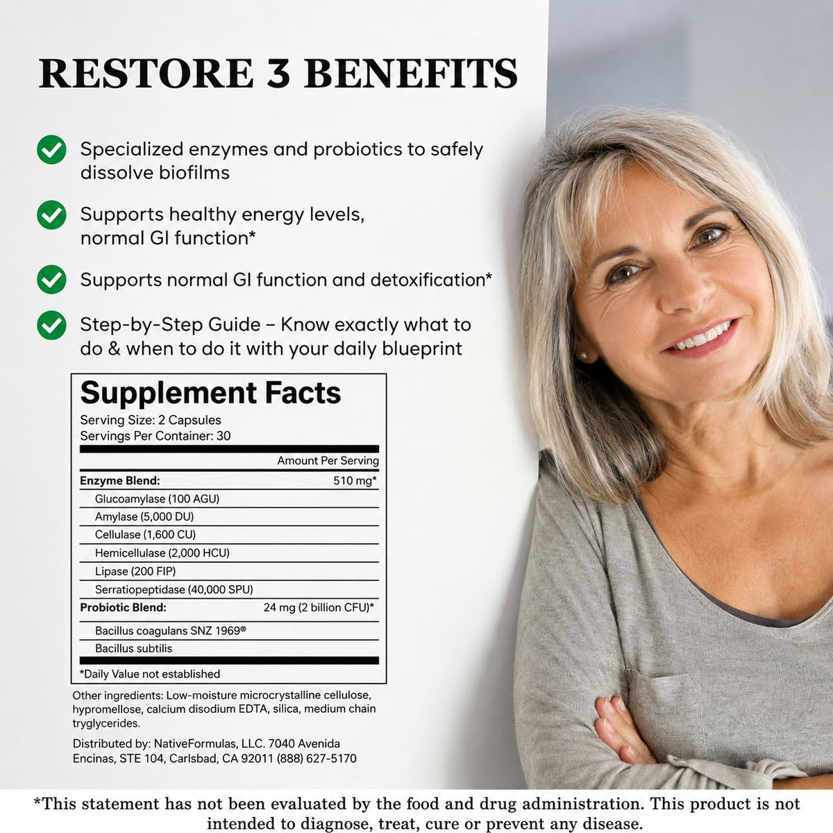 Native Formulas Restore 3 complément alimentaire 60 capsules étiquette