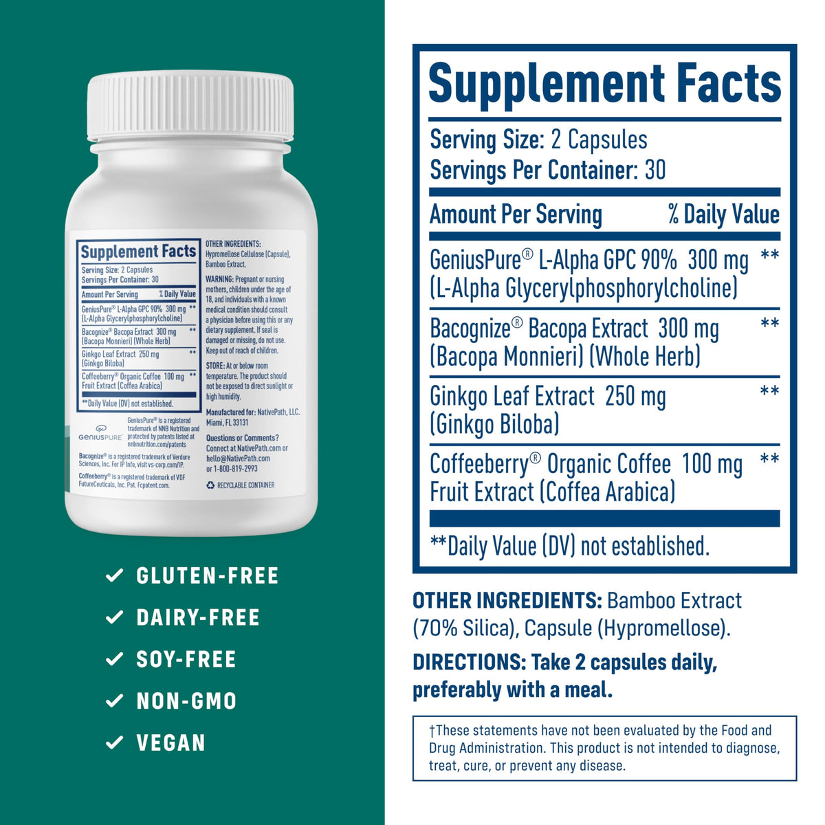 NativePath Brain Health packaging with Bacopa and Alpha GPC