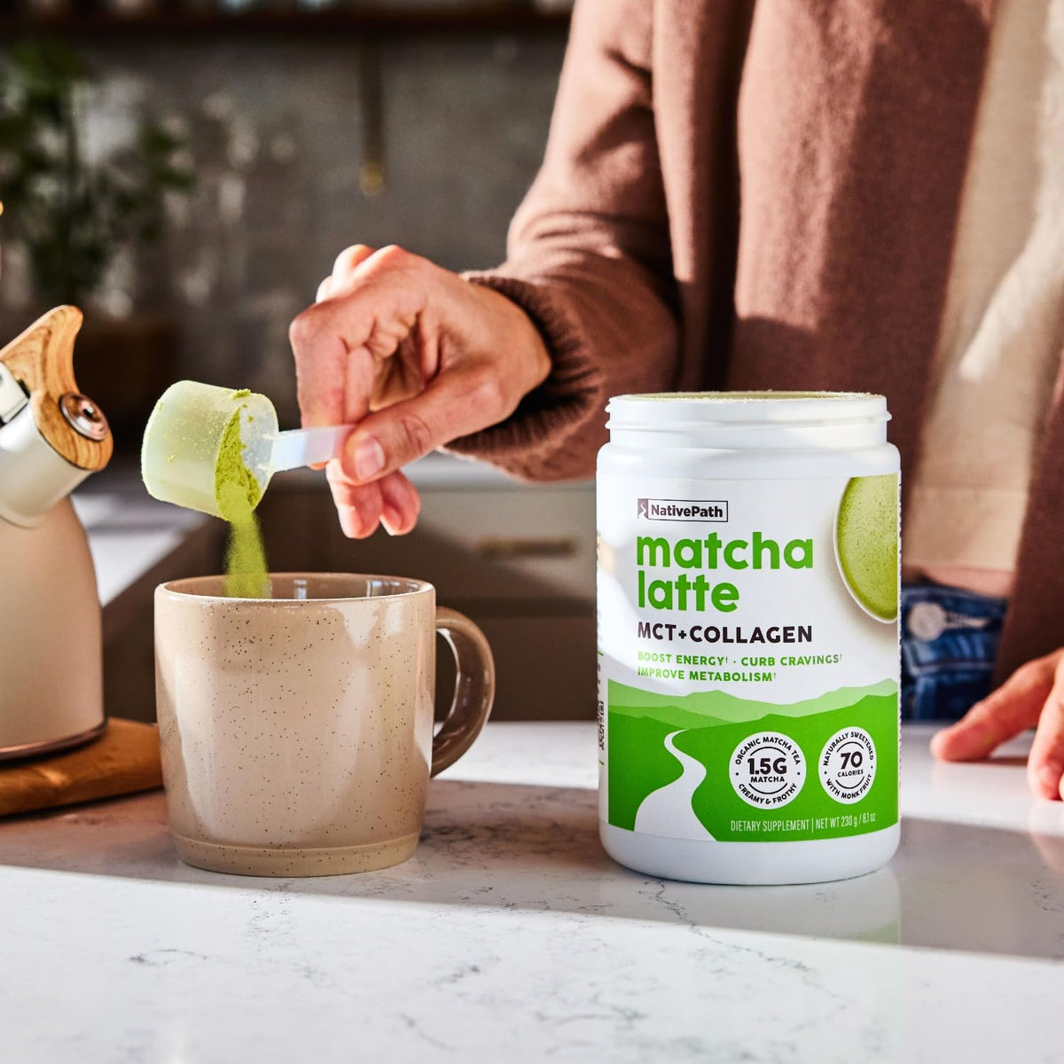 NativePath Collagen Latte Matcha, cuillère et poudre