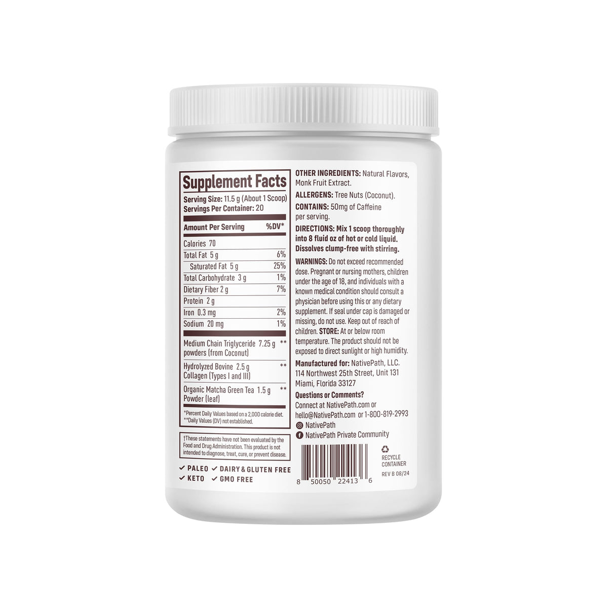 NativePath Collagen Latte Matcha, mélange dans une tasse