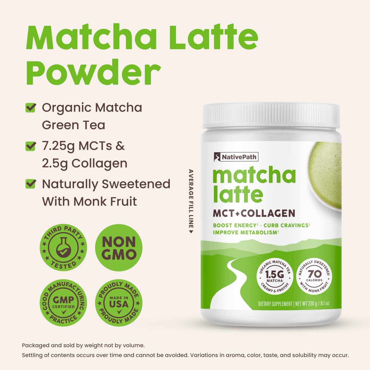 NativePath Collagen Latte Matcha, poudre dans un verre