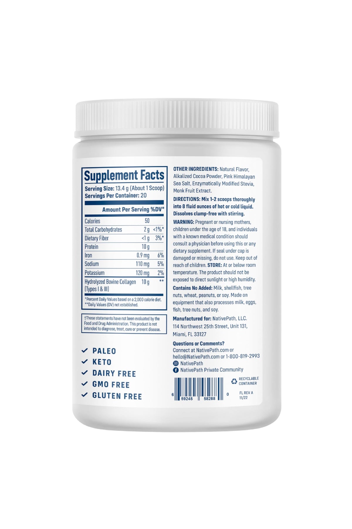NativePath Collagène Peptides Chocolat 268g mélange dans un verre