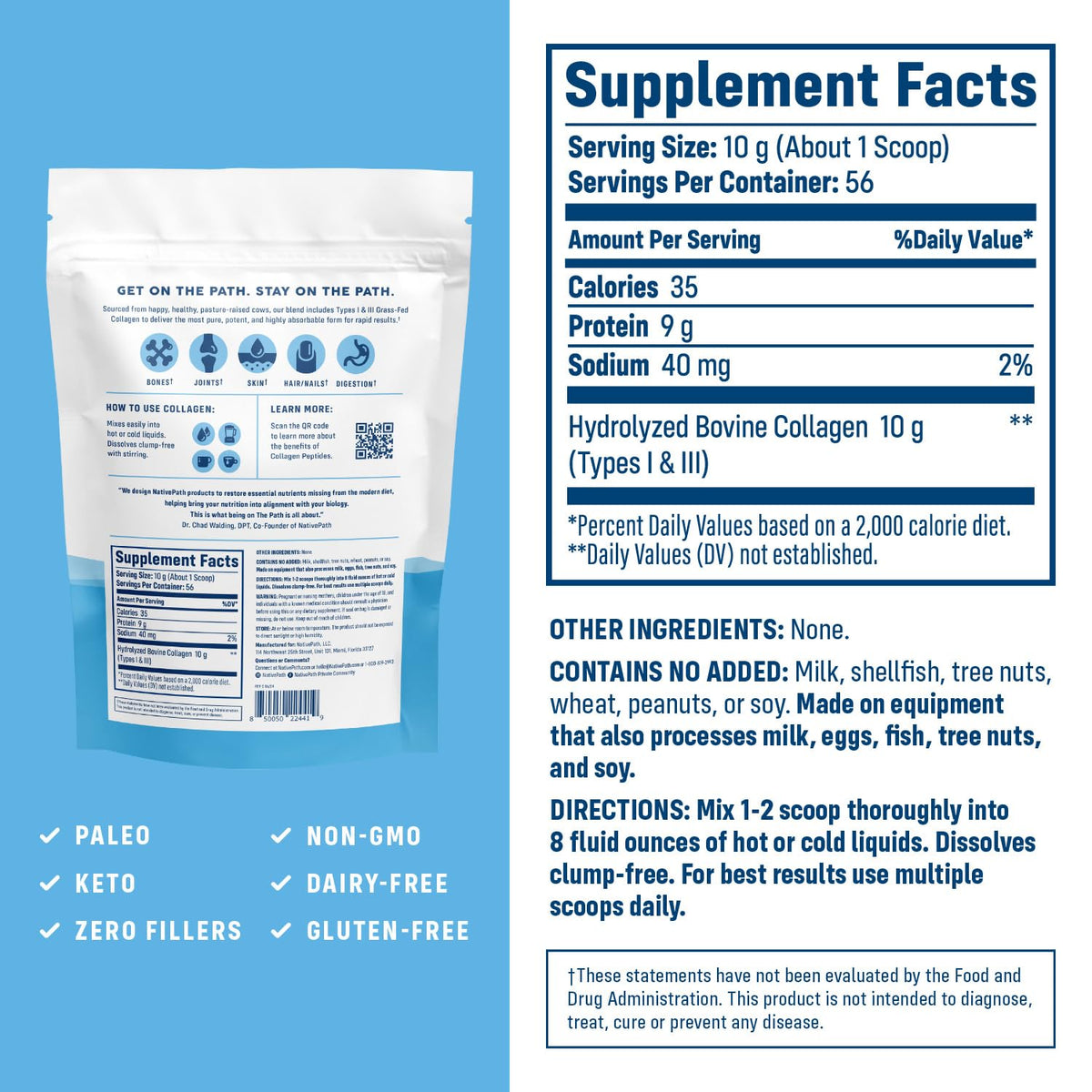 NativePath Poudre de Collagène Hydrolysé étiquette avec informations nutritionnelles