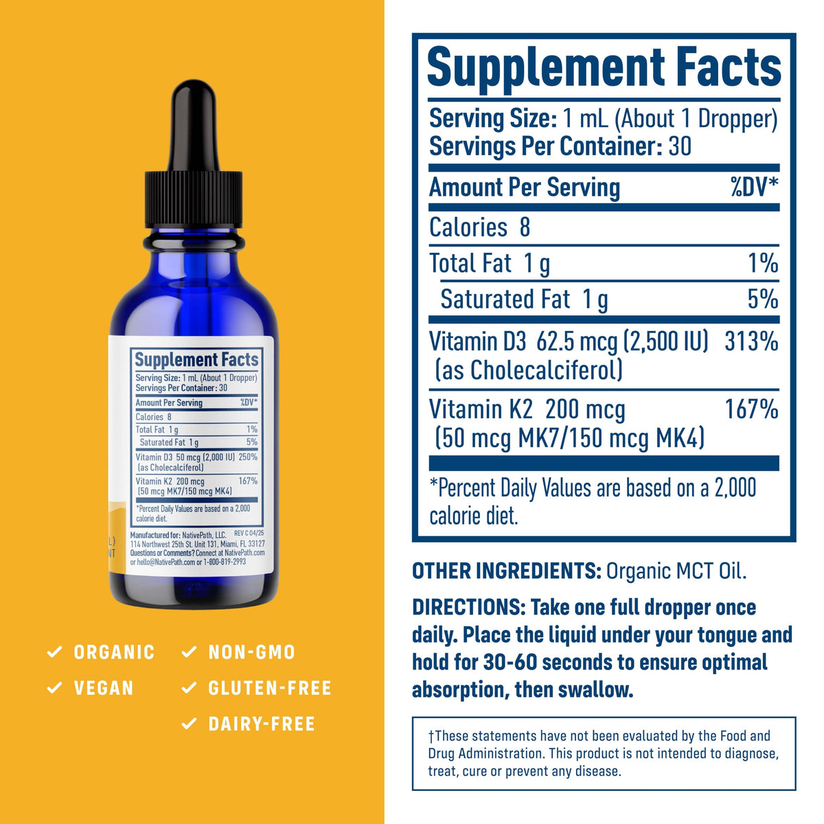 NativePath Tincture D3K2 2000UI en milieu naturel