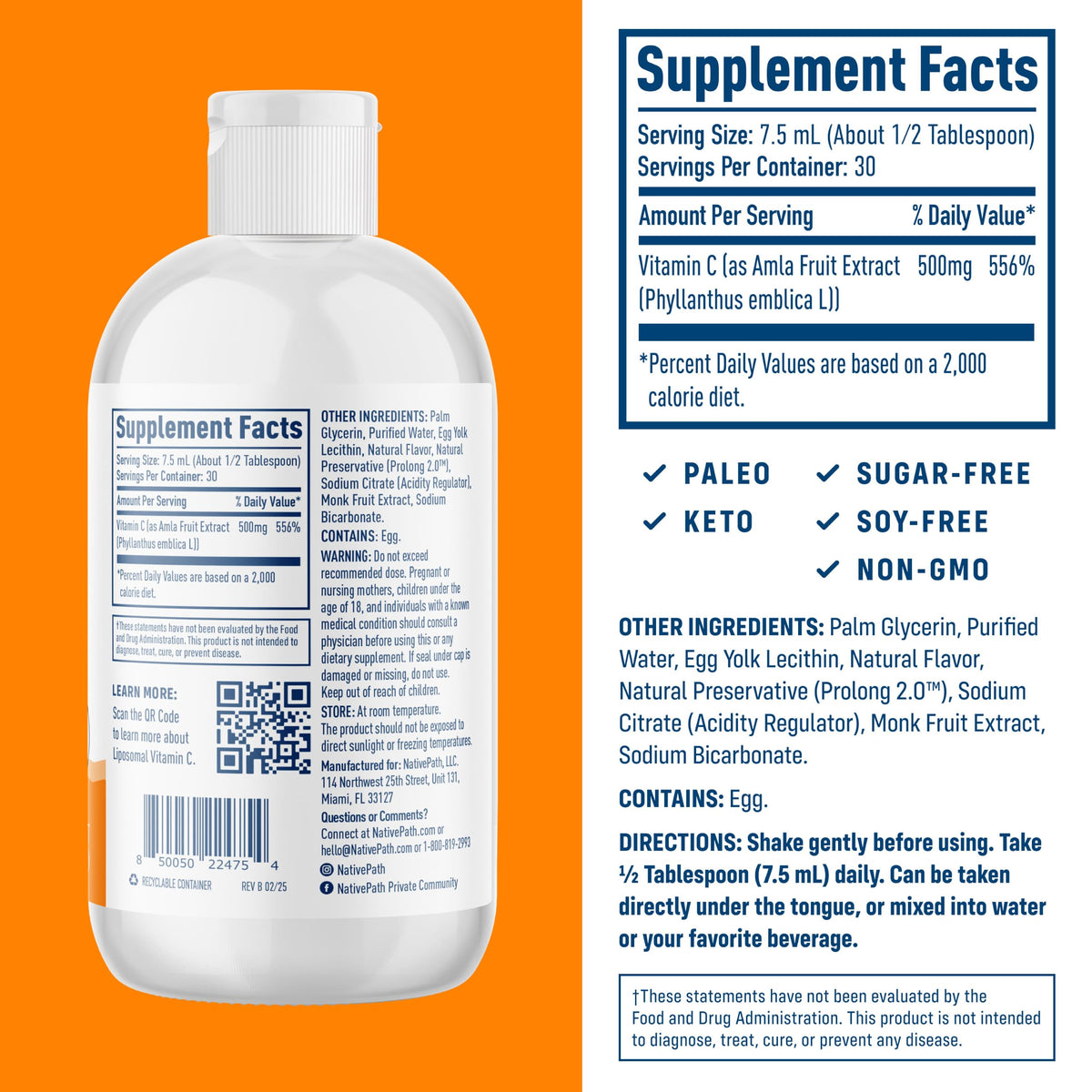 NativePath Vitamine C Liposomale 500mg Orange - étiquette avec ingrédients