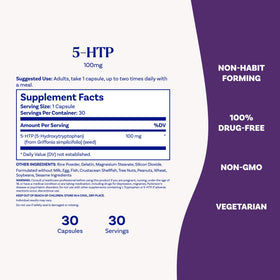 Natrol 5-HTP 100 mg sur une table avec d'autres compléments
