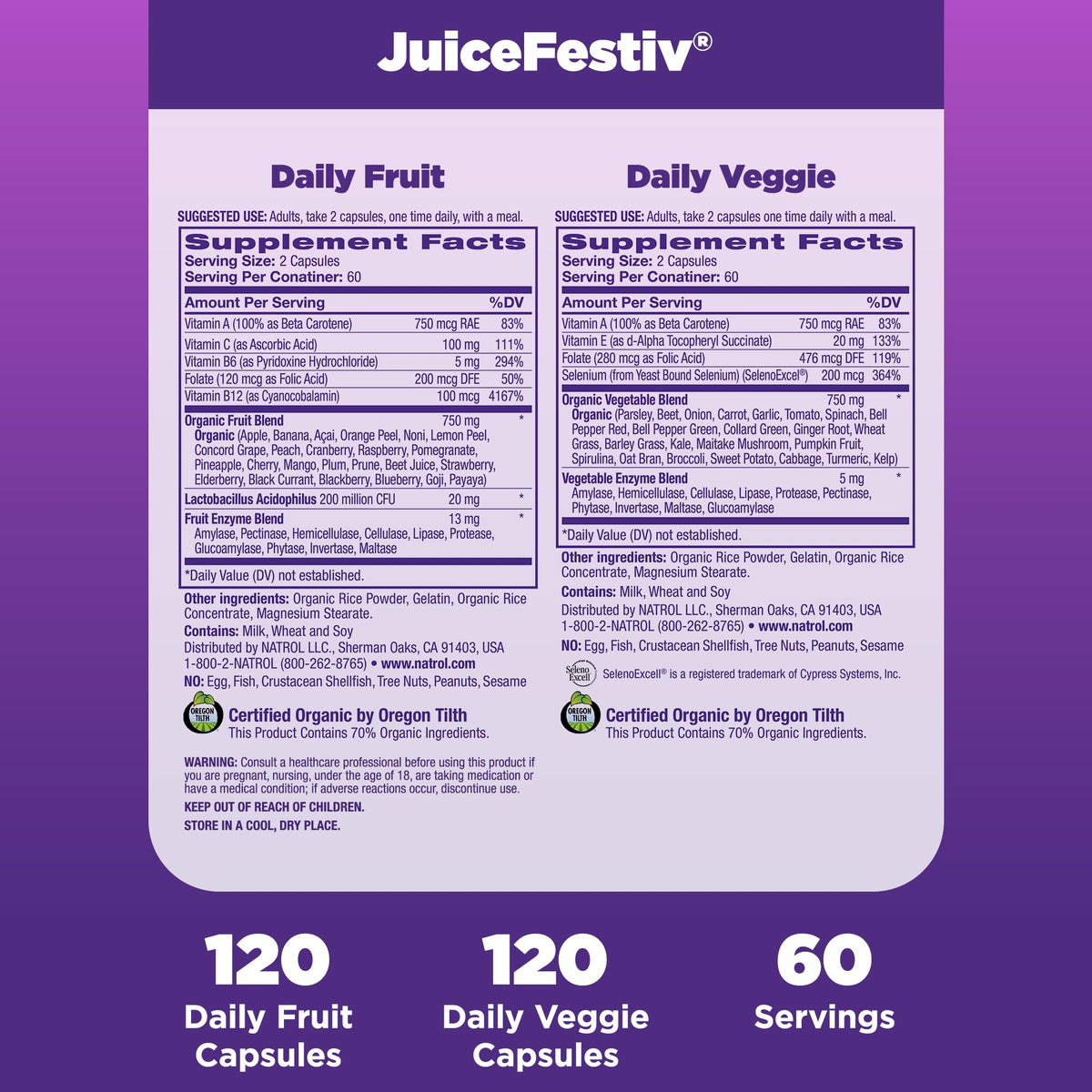 Natrol JuiceFestiv gélules bio sur une table en bois