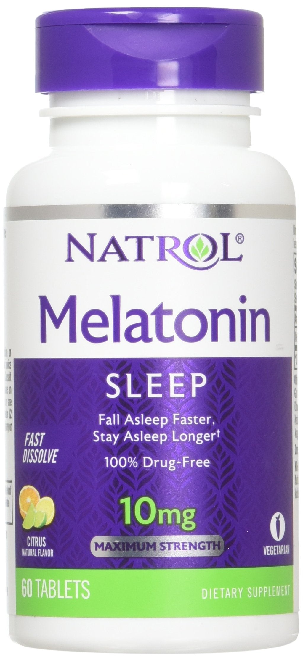 Natrol Mélatonine 10 mg flacon avant avec étiquette et dimensions