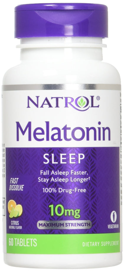 Natrol Mélatonine 10 mg flacon avant avec étiquette et dimensions