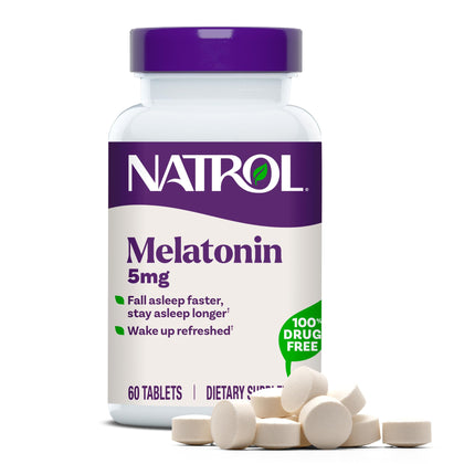Natrol Melatonine 5 mg comprimés, bouteille de 60 unités vue de face