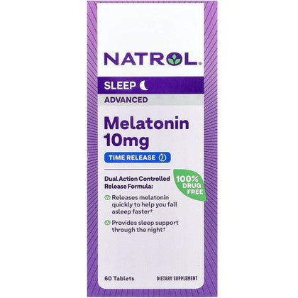 Natrol Melatonine Avancée 10 mg comprimés devant l'emballage