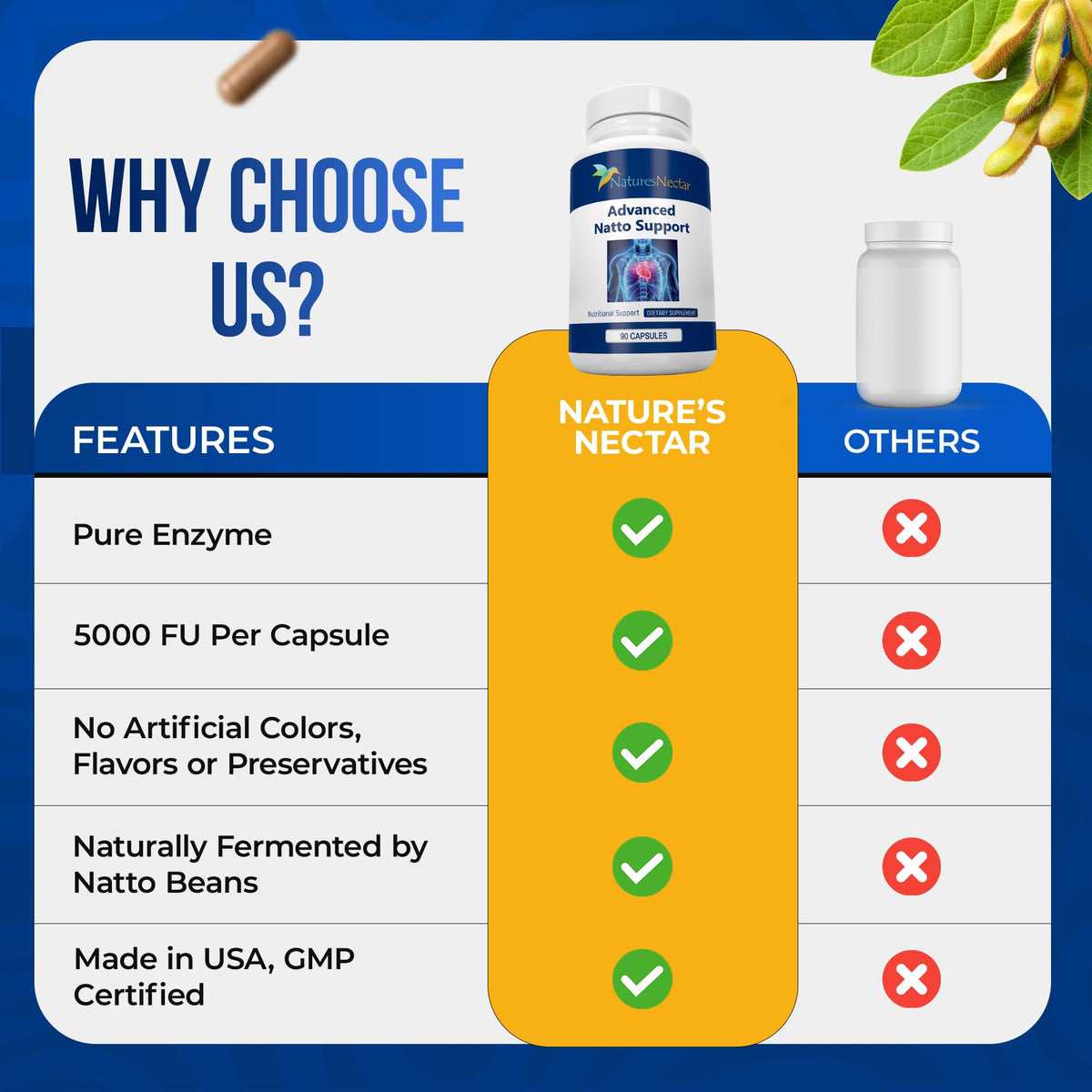 Nattokinase 250mg Nature's Nectar avec des fèves de soja