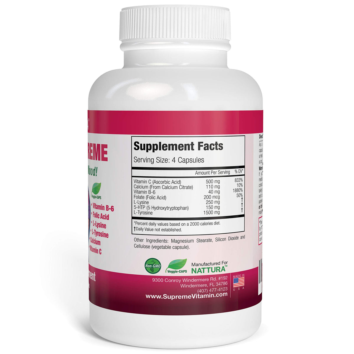 Nattura 5-HTP capsules avec étiquette détaillée