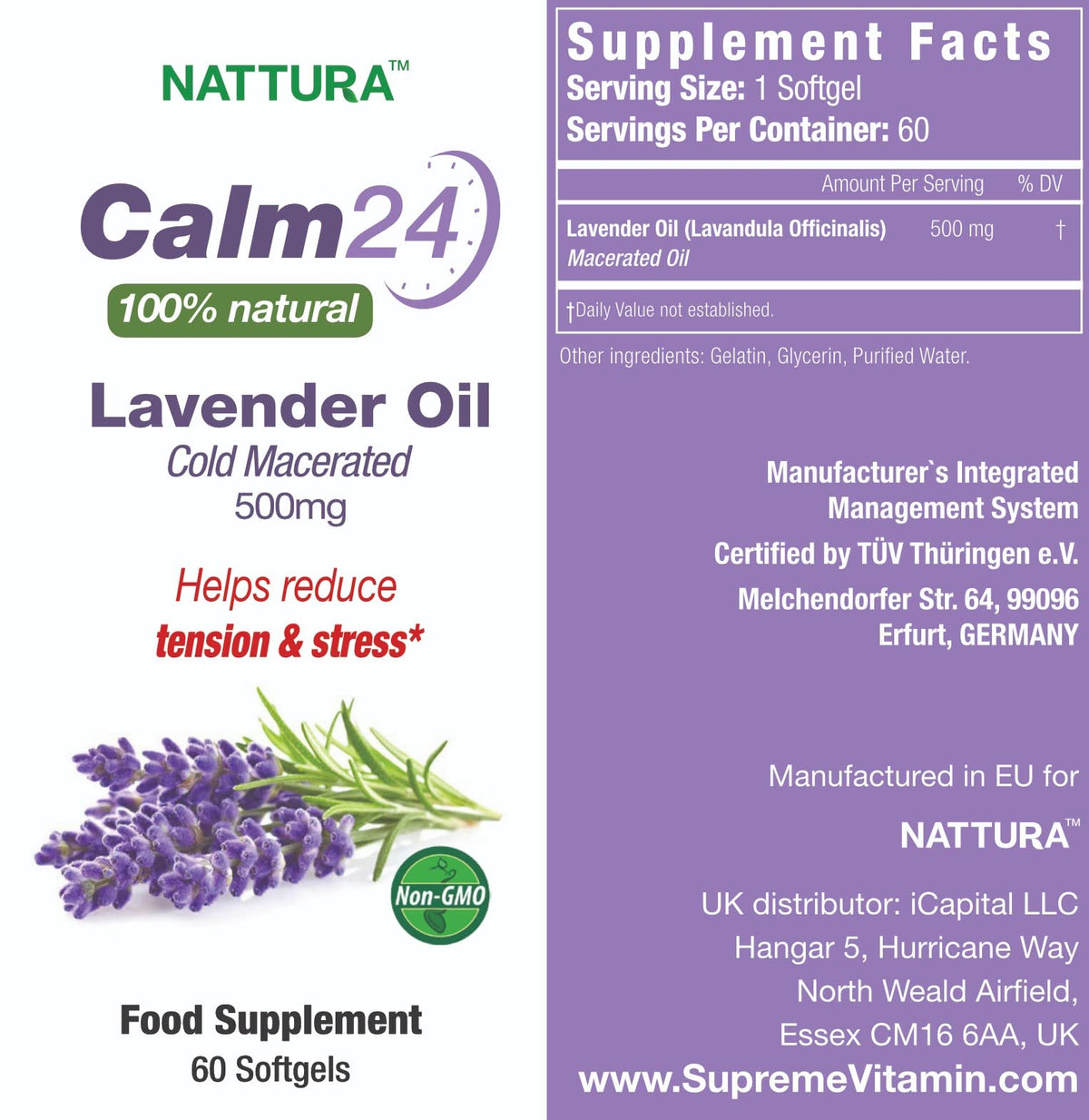 Nattura Calm Aid Gélules d'Huile de Lavande 500mg - Gélules individuelles