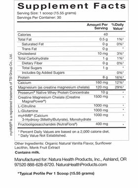 Natura Health Products Amino Whey Pro 508g étiquette détaillée