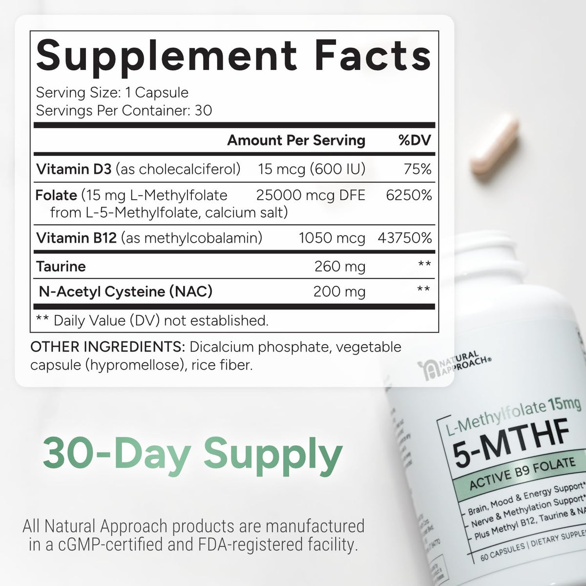 Natural Approach L-Méthylfolate 15mg prise avec un verre d'eau