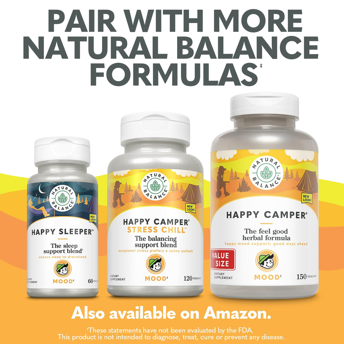 Natural Balance Happy Camper 150 VegCaps on a wooden table