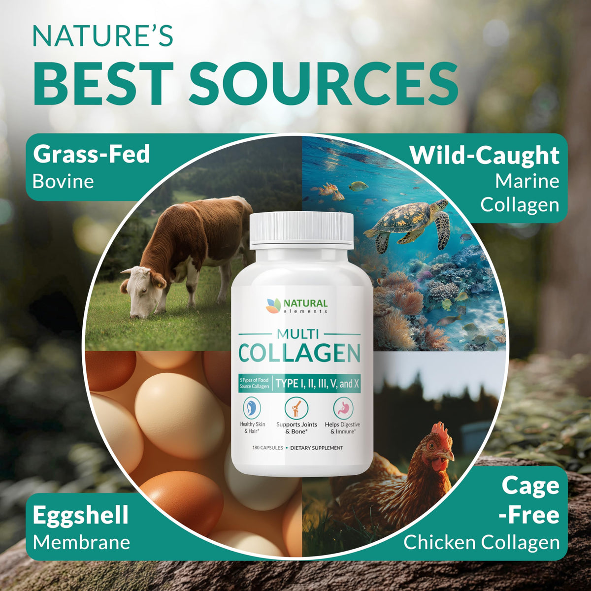 natural elements Multi Collagen 180 Capsules showing capsules