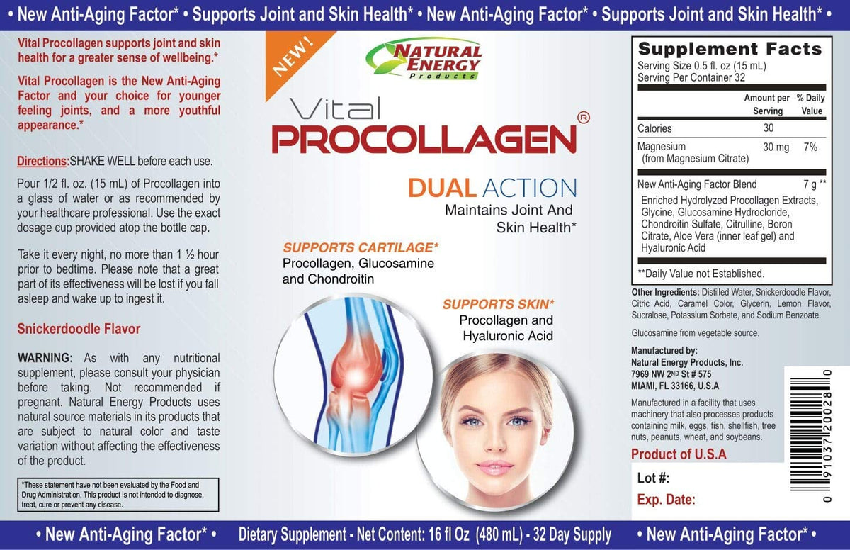 Natural Energy Vital Procollagen 16oz étiquette avec ingrédients