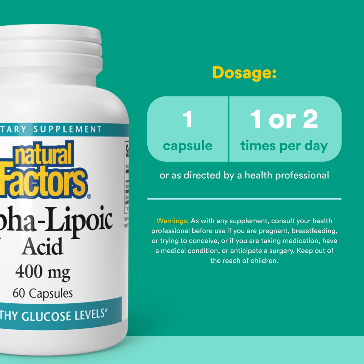 Natural Factors Acide Alpha-Lipoïque 400 mg près d'un verre d'eau