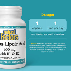Natural Factors Acide Alpha-Lipoïque 600 mg étiquette détaillée